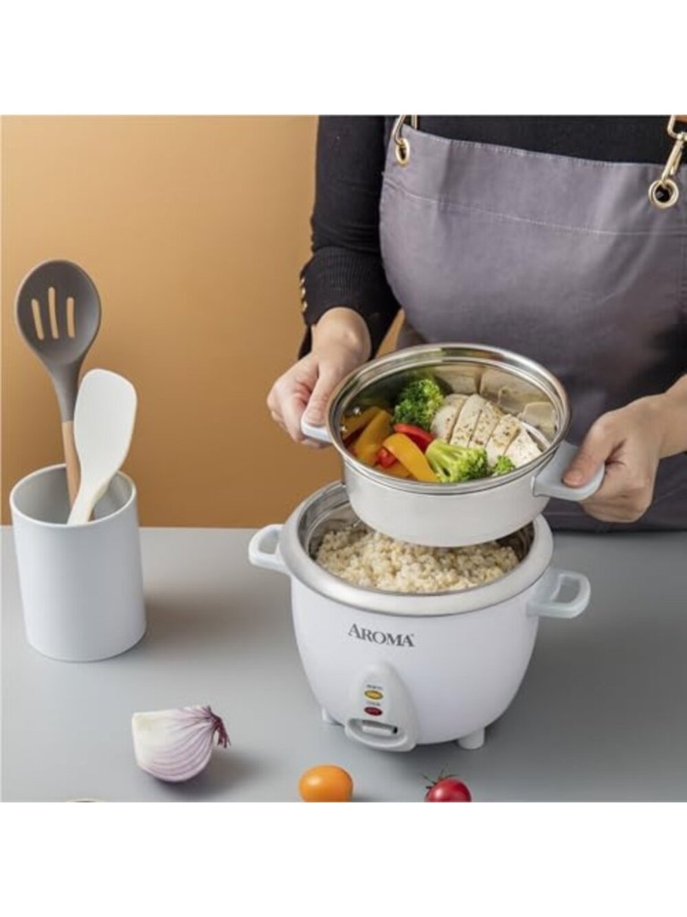 6-Cup Rice Cooker & Food Steamer - Stainless Steel, One-Touch, Easy Clean, White - Picture 4 of 6